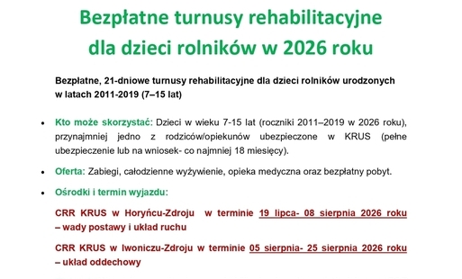 Zdjęcie do Bezpłatne turnusy rehabilitacyjne dla dzieci rolnik&oacute;w w 2026 roku